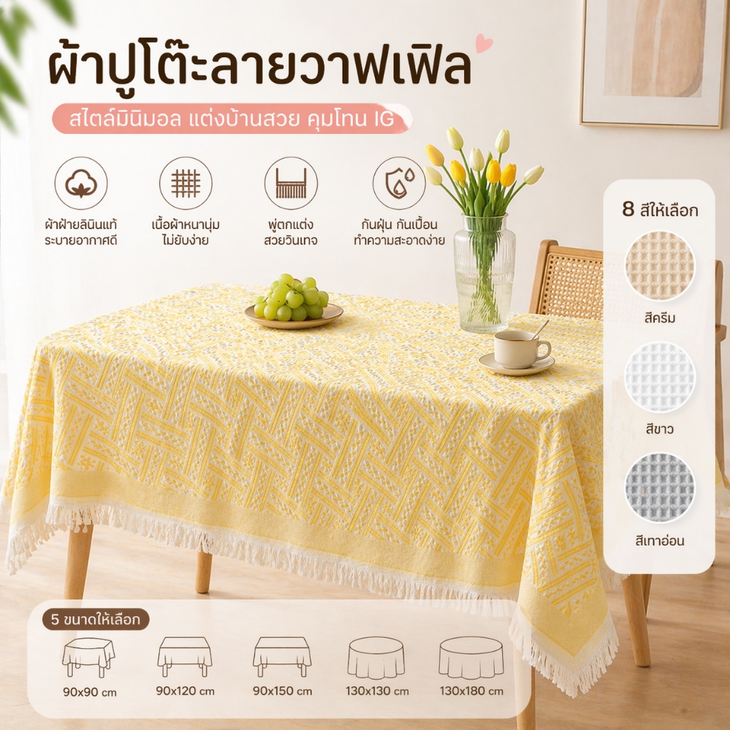 ผ้าปูโต๊ะ ผ้าปูโต๊ะกลม ลายวาฟเฟิล ผ้าฝ้ายลินิน กันเปื้อน กันฝุ่น สไตล์มินิมอล เกาหลี ใช้ได้โต๊ะอาหาร/คาเฟ่