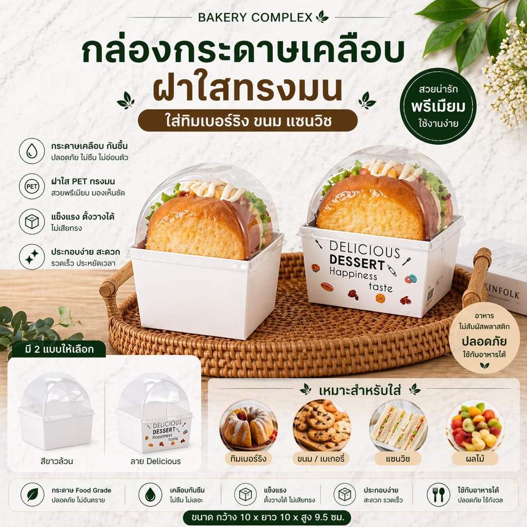 🚚ส่งฟรี ส่งทุกวัน🔥 กล่องทิมเบอร์ริง แซนวิชเกาหลี  Snack box พร้อมฝาสูงพลาสติกใส (50 ชุด)