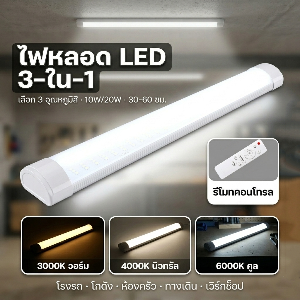 หลอดไฟ LED 10W 20W 30/50/60ซม. 3สี แสงสว่างสูง ประหยัดไฟ ใช้งานนาน ประหยัดไฟ