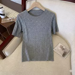 LITTLEMOM เสื้อยืดคอกลมแขนสั้นลายเปีย ถักเกลียว สำหรับผู้หญิง มี 2 ไซส์ รุ่น YUED