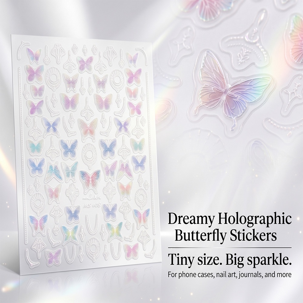 สติกเกอร์ติดเล็บลายผีเสื้อ สีโฮโลแกรมสีรุ้ง เหนียวในตัว ตกแต่งเล็บ DIY สวยเก๋