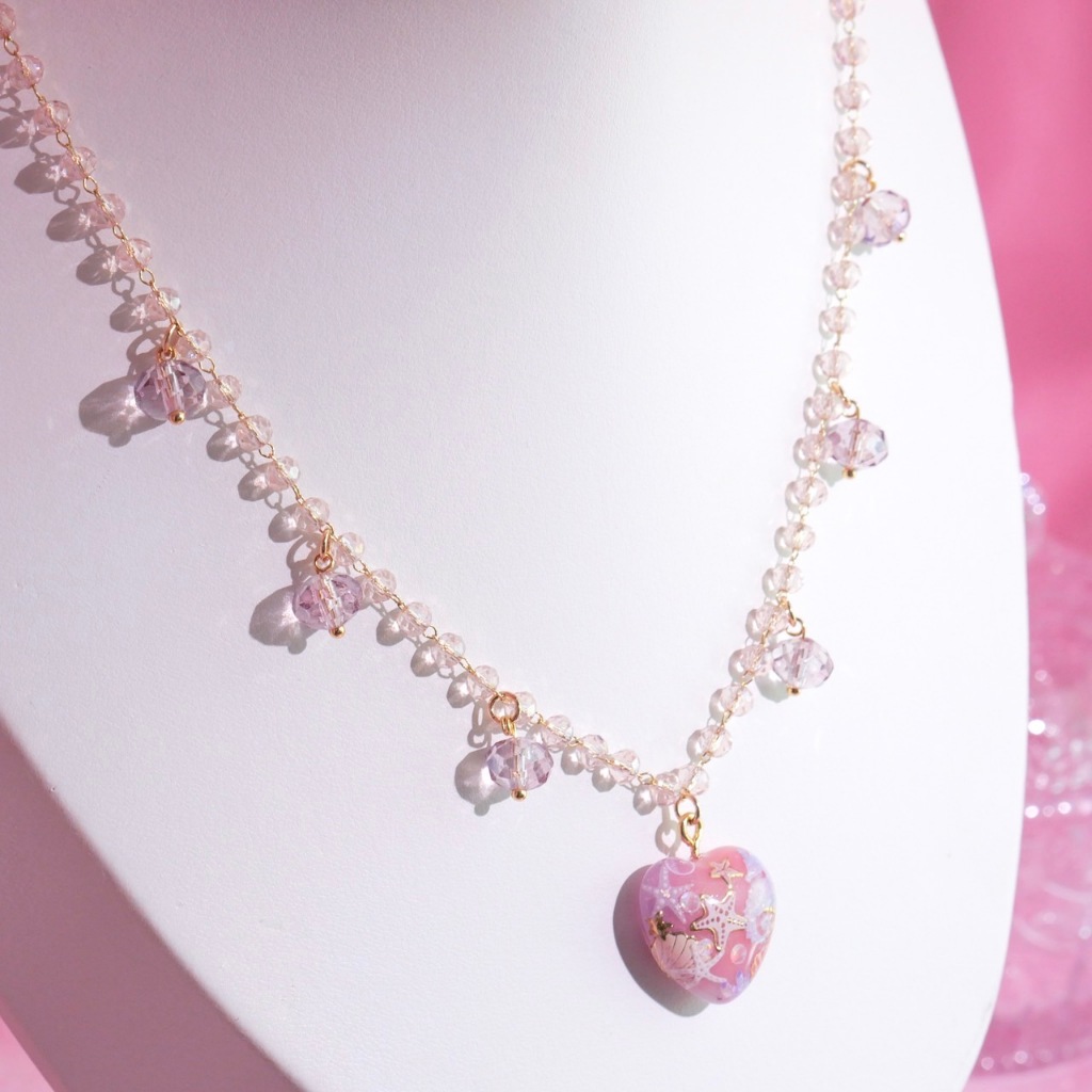MIMEAR U410 สร้อยคอหัวใจชมพูม้าน้ำ Seahorse & Pink Heart Necklace เรซิ่นทำมือ 14K Limited