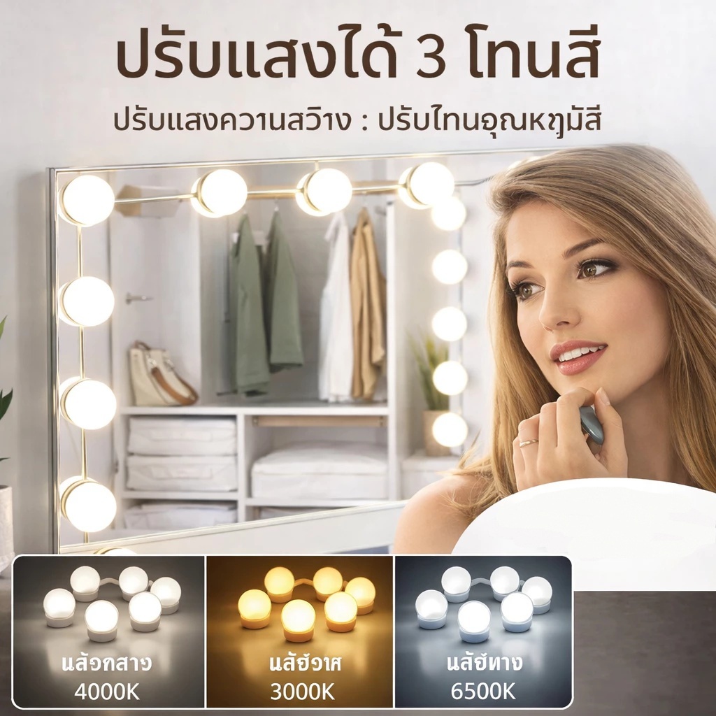 【รับประกัน100ปี】ไฟติดกระจกแต่งหน้า ไฟติดโต๊ะเครื่องแป้ง หลอดไฟ 10 ดวง ปรับแสง 3 สี makeup light