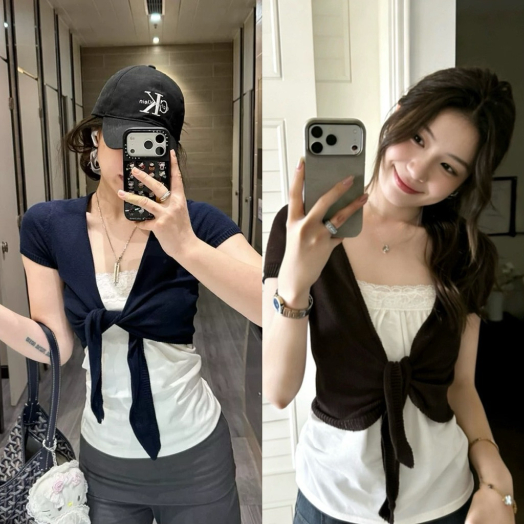 9238# Set 2 pcs เสื้อเกาะอกช่วงอกแต่งลูกไม้ + เสื้อคลุมแขนสั้นผูกโบว์หน้า เนื้อผ้าดี งานสวย  TAG:WG.WE ราคา ถูกที่สุด ดีลบีเคเค