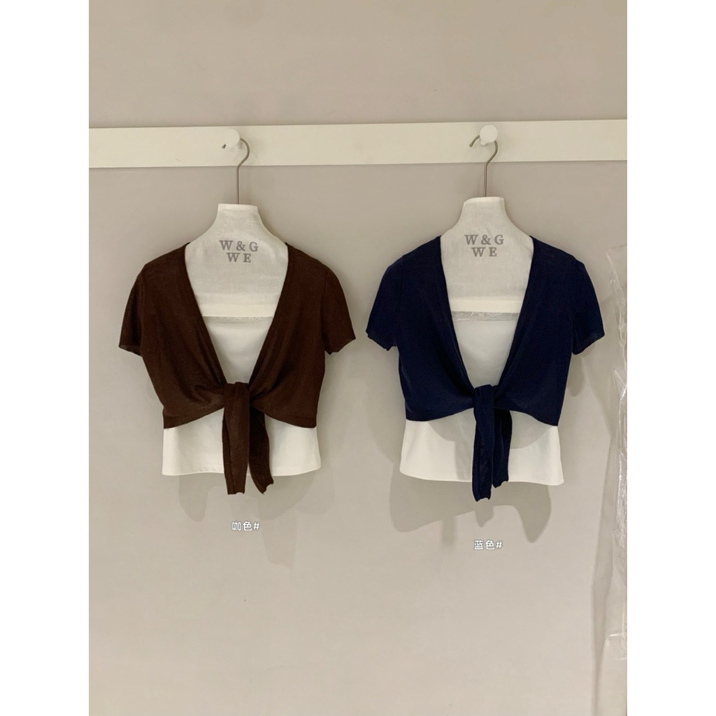 9238# Set 2 pcs เสื้อเกาะอกช่วงอกแต่งลูกไม้ + เสื้อคลุมแขนสั้นผูกโบว์หน้า เนื้อผ้าดี งานสวย  TAG:WG.WE ราคา ถูกที่สุด ดีลบีเคเค แกลเลอรีภาพที่ 2