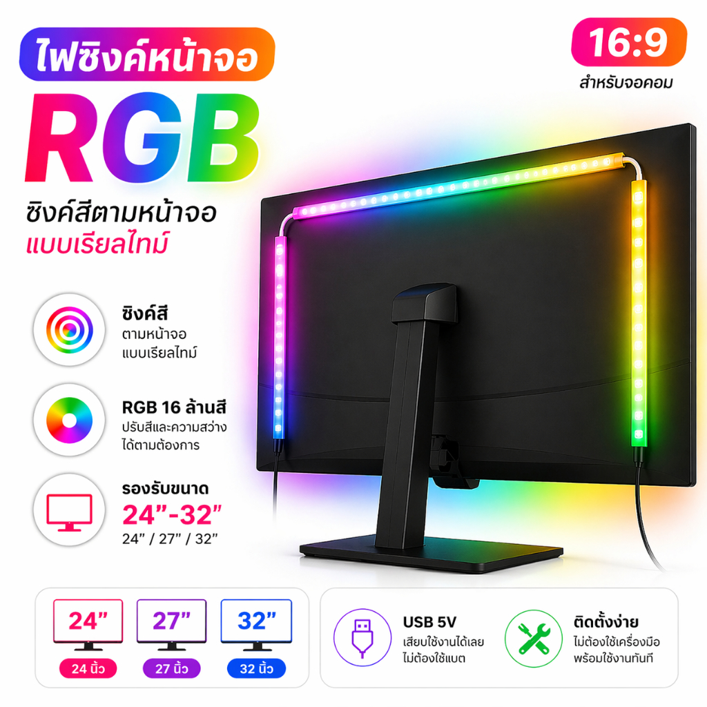 ไฟซิงค์หน้าจอ RGB LED ติดหลังจอ เปลี่ยนสีตามภาพ Real-Time ไม่มีดีเลย์ สำหรับ 24-32 นิ้ว Gaming Light