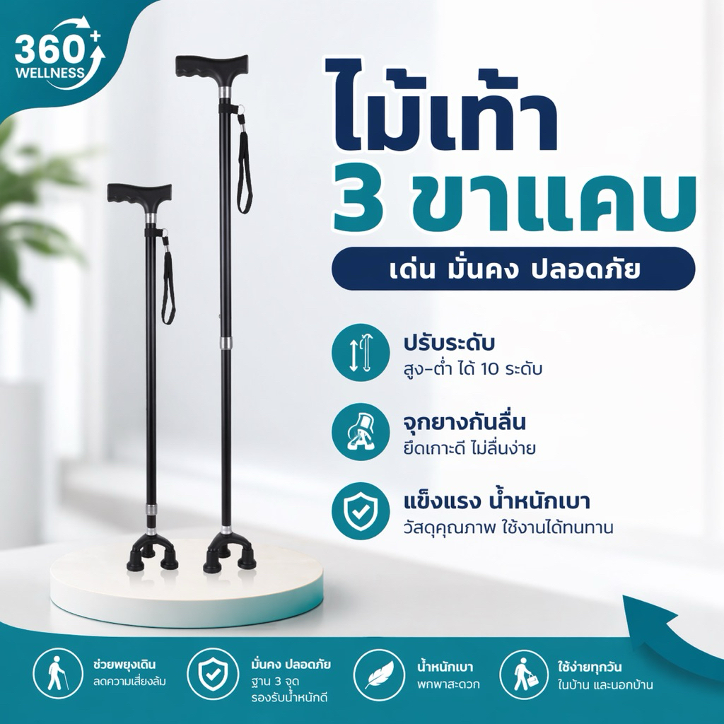 [360wellness เพื่อสุขภาพครบวงจร] ไม้เท้า แข็งแรง **ฐานขาแคบ** ไม้เท้าผู้สูงอายุ 3 ขา & 4 ขา ช่วยพยุง