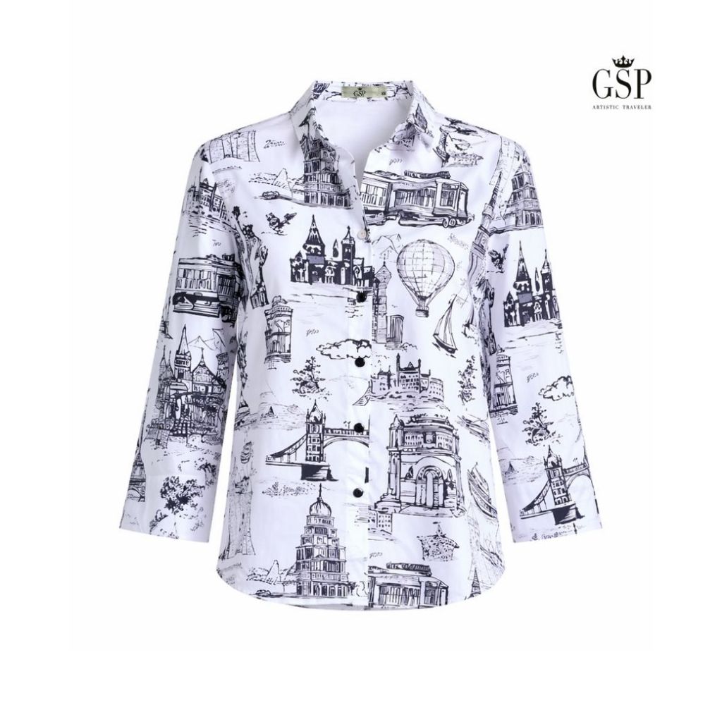GSP Woman's shirt Black world map long sleeve Black เสื้อเชิ้ต แบล็ค เวิลด์ แมพ แขนสามส่วน สีดำ PCDQBL