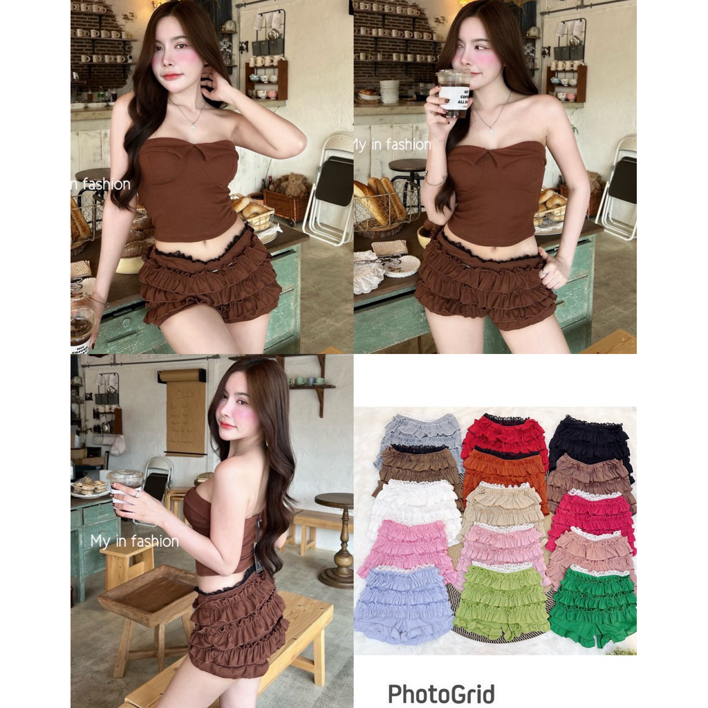 mnv_shop  กางเกงขาสั้นผ้าร่อง กางเกงขนมชั้น