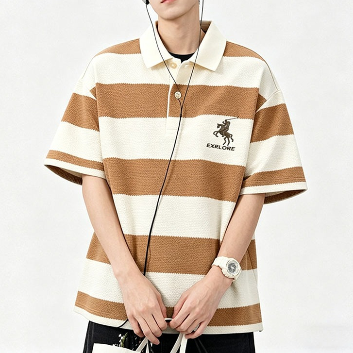 เสื้อโปโลแขนสั้นผู้ชาย ลายทางแนวนอน คอปกสีครีม ปักโลโก้ เนื้อผ้าโปร่งสบาย สไตล์ฤดูร้อน