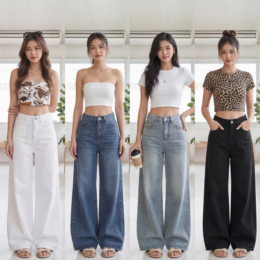 FLAER 01#-4กางเกงยีนส์ขากว้าง Oversize เอวสูง สไตล์ Streetwear เท่ๆ ใส่คู่กับคอป