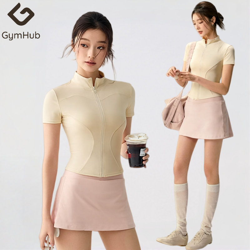 GymHub ชุดเทนนิส เสื้อแขนสั้นซิปปิดผ้าเนื้อละเอียด สำหรับออกกำลังกาย ปั่นจักรยาน โยคะ ฟิตเนส