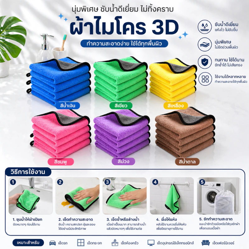 ผ้าไมโครไฟเบอร์ 3D ขนาด 400แกรม 30X30 CM เกรดพรีเมี่ยม หนานุ่ม ซับน้ำไว ทำความสะอาดอเนกประสงค์ thumbnail 6