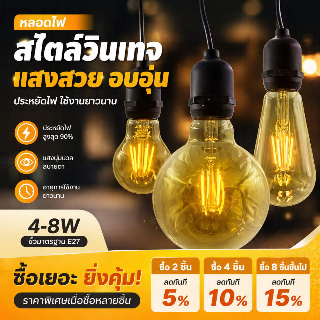 หลอดไฟ ไส้เอดิสัน ไฟปิงปอง ขั้วE27 โคมไฟตกแต่ง ร้านอาหาร เอาท์ดอร์ บาร์ รุ่นST-64  A60  G95 4w 6w 8w