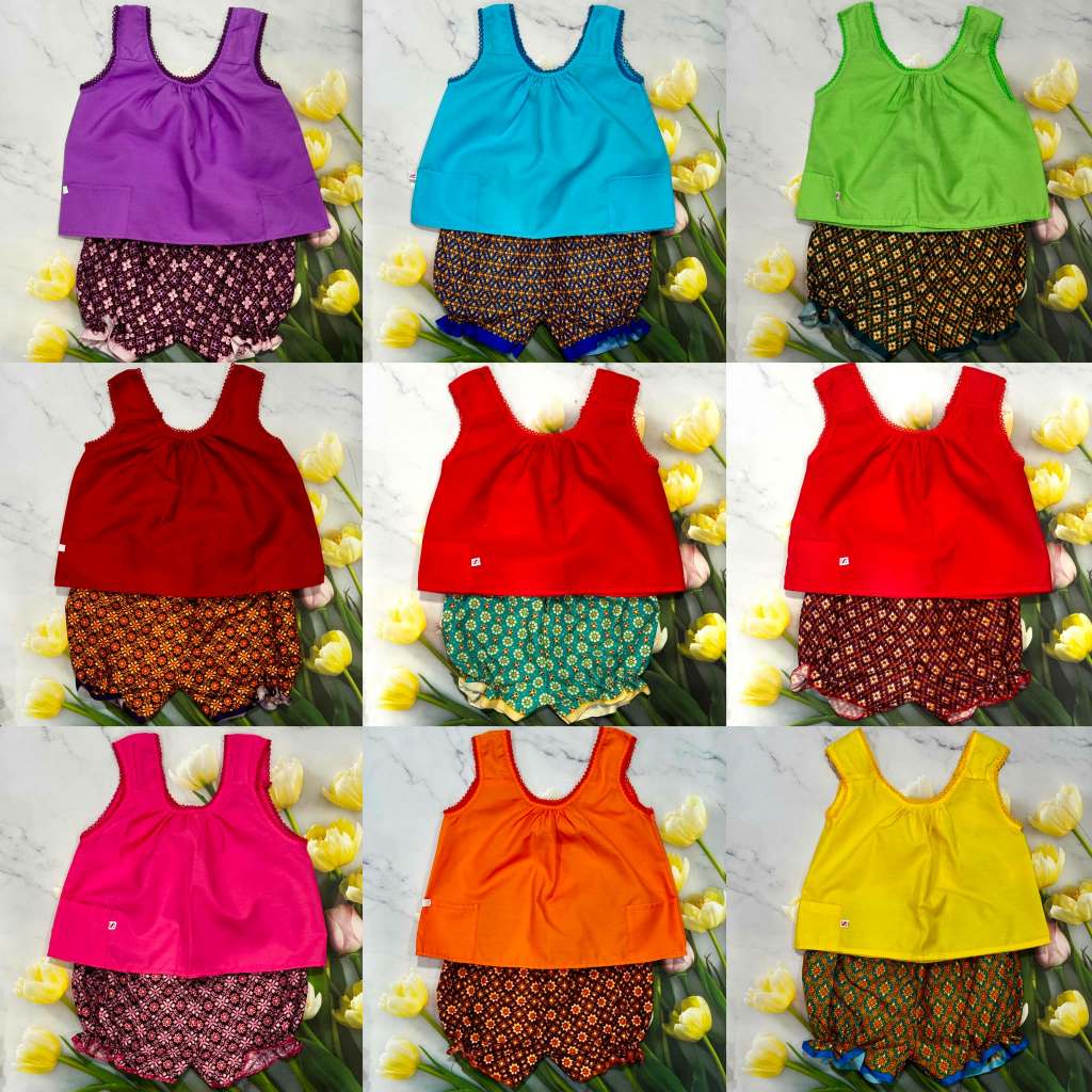 ชุดไทยเด็กผู้หญิง คอกระเช้าลายดอก+กางเกงลายไทย สีพื้น S M L XL