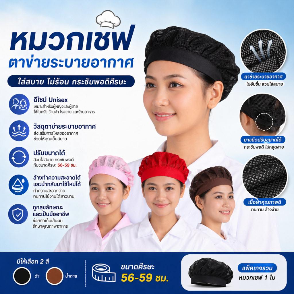 หมวกเชฟปรับระดับได้ ซักได้ สำหรับผู้ชายและผู้หญิง หมวกตาข่ายสำหรับทำงานครัว สุขาภิบาล และบริการอาหาร