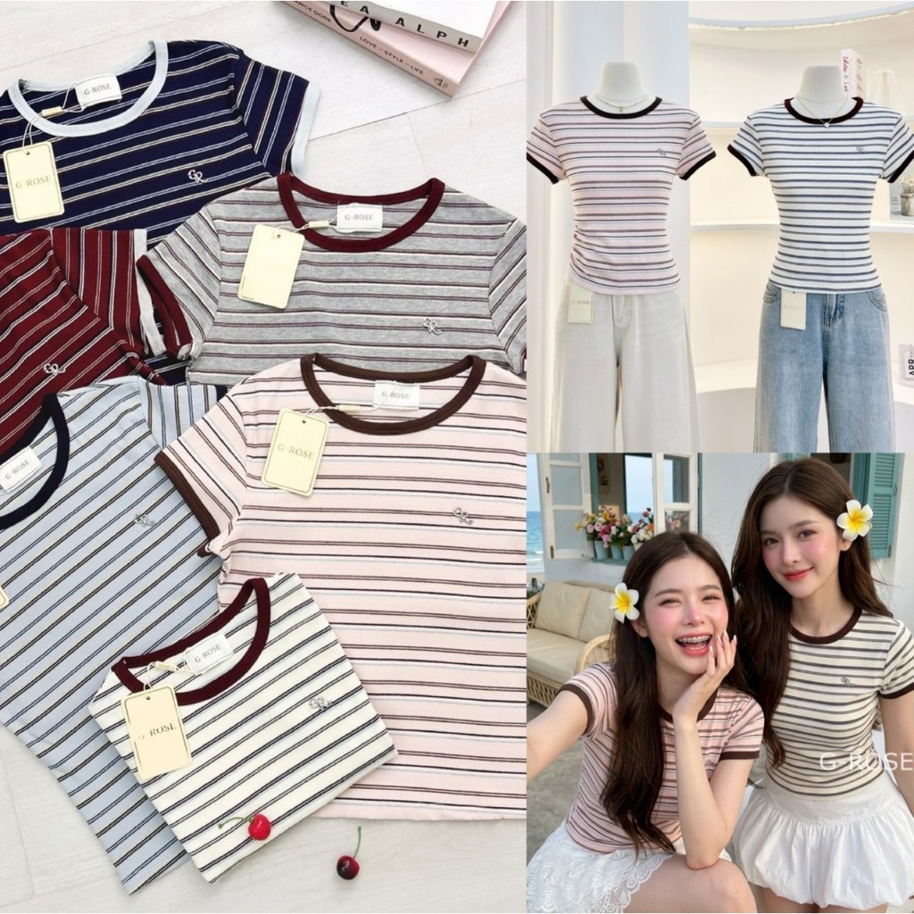 เสื้อคอกลมแขนสั้นลายทางตัดขอบน้ำตาล เสื้อยืดคอกลมรัดรูปลายทางน่ารัก เกาหลี G-ROSE (G043)
