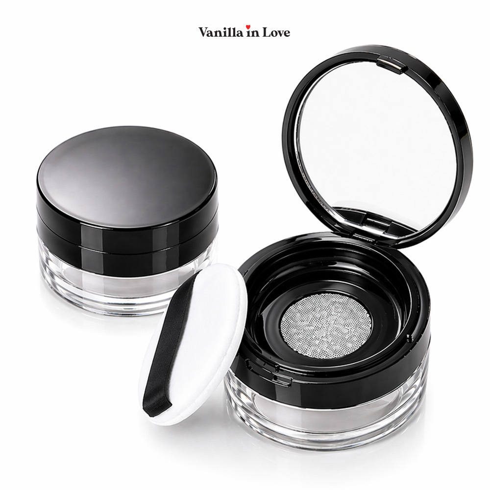 BA09 ตลับแป้งฝุ่นเปล่า สีดำ  ตาข่ายกระจายแป้ง พร้อมพัฟแต่งหน้า Empty powder box ขนาด 20 กรัม