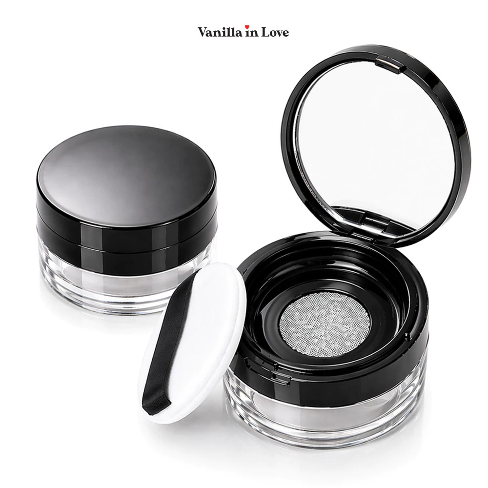 BA09 ตลับแป้งฝุ่นเปล่า สีดำ ตาข่ายกระจายแป้ง พร้อมพัฟแต่งหน้า Empty powder box ขนาด 20 กรัม
