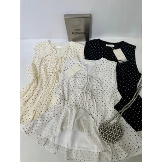 B681 เสื้อแขนกุดลายจุด ผูกโบว์หน้า เอวระบาย