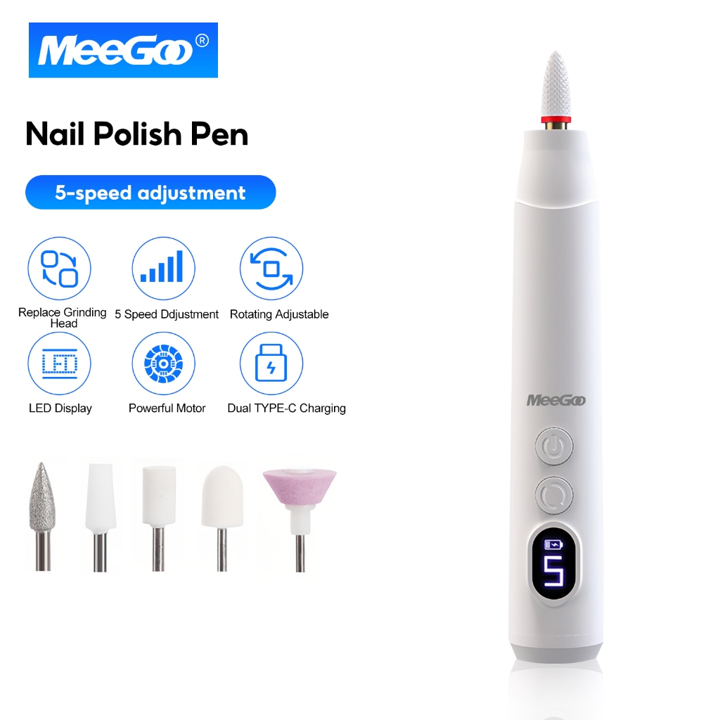 MeeGoo เครื่องทำเล็บไฟฟ้า เครื่องขัดเล็บไฟฟ้า ขจัดผิว แบบพกพา มี5หัว พร้อมไฟ LED ปรับความเร็วได้