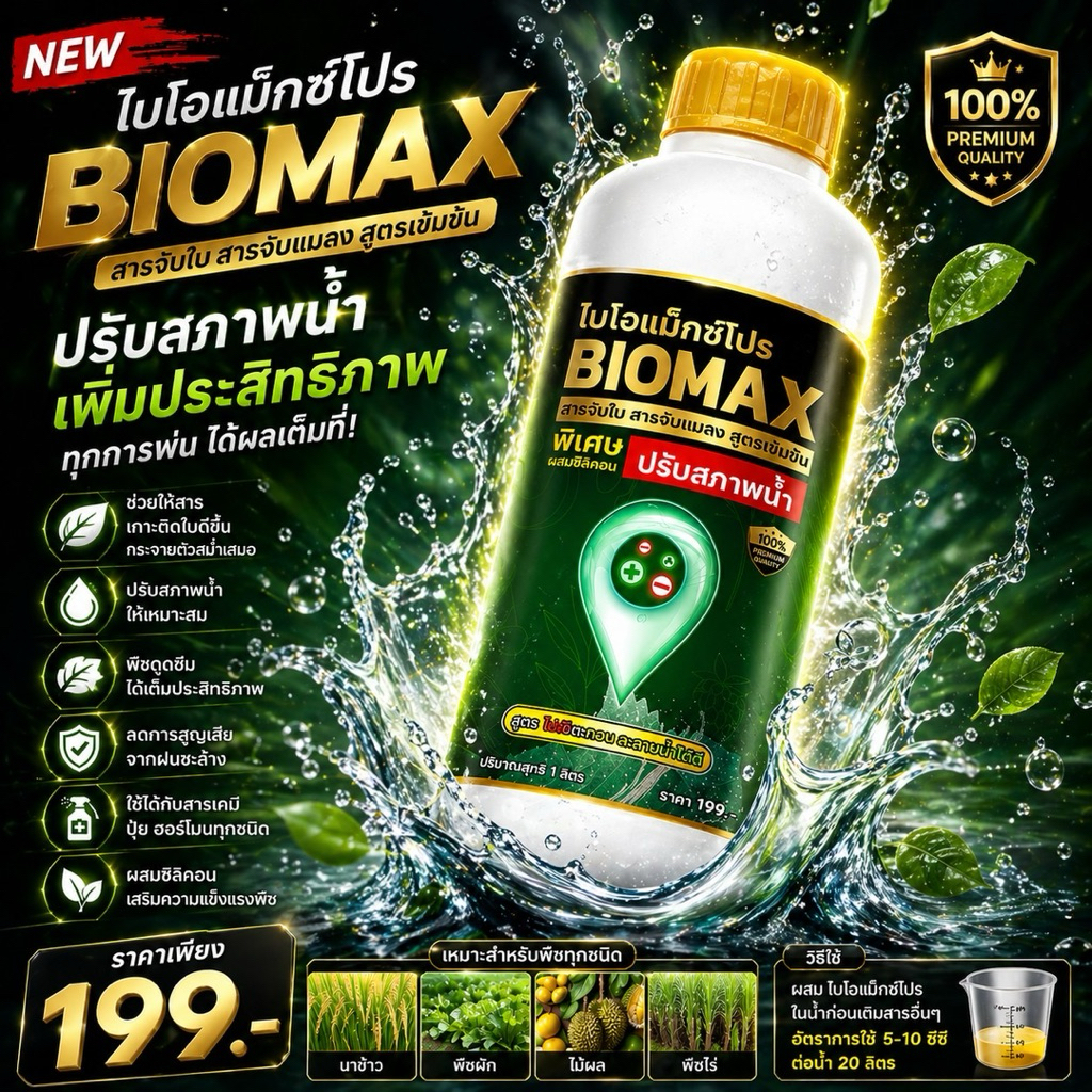 สารจับใบ ไบโอแม็ก Biomax เพิ่มประสิทธิภาพดูดซึมทางใบ ปรับสภาพน้ำ เกาะติดแน่น เข้มข้น 1ลิตร