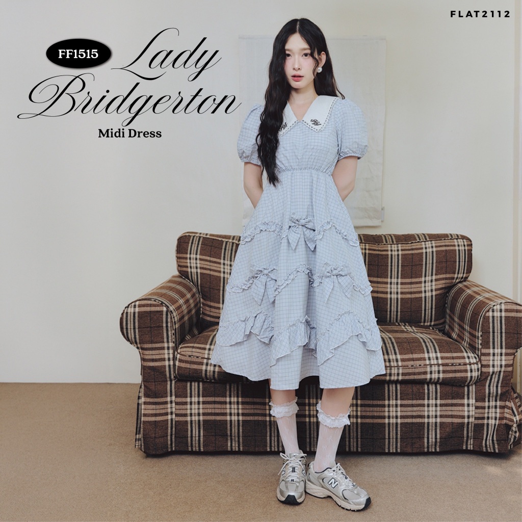 FLAT2112 : LADY BRIDGERTON MIDI DRESS เดรสฟ้าลูกคุณ ลุคหวานดูแพง เดรสโบว์ทั้งตัว น่ารักเด่นมาก เดรสตัวเดียวจบ (FF1515)