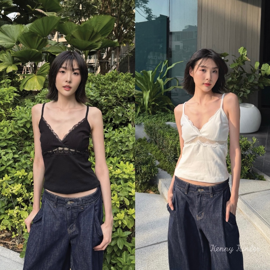 LUMI LACE TANK TOP เสื้อสายเดี่ยวคอแหลม ดีเทลขอบลูกไม้ดอกไม้ซีทรู