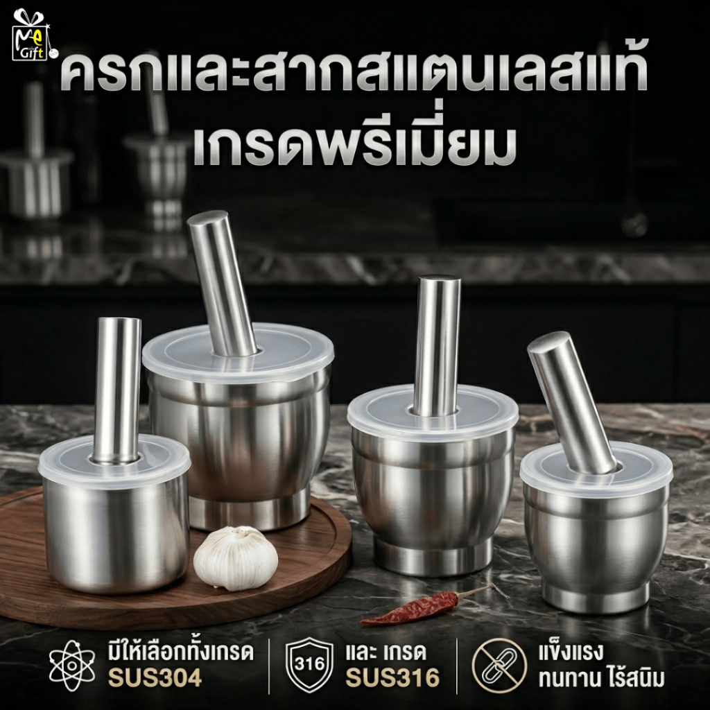 ครก ครกสแตนเลสแท้ SUS316 – SUS304 ครก/สาก พร้อมฝาปิดซิลิโคน ป้องกันอาหารกระเด็น แข็งแรง ทนทาน ไม่เป็นสนิม พร้อมส่งTH