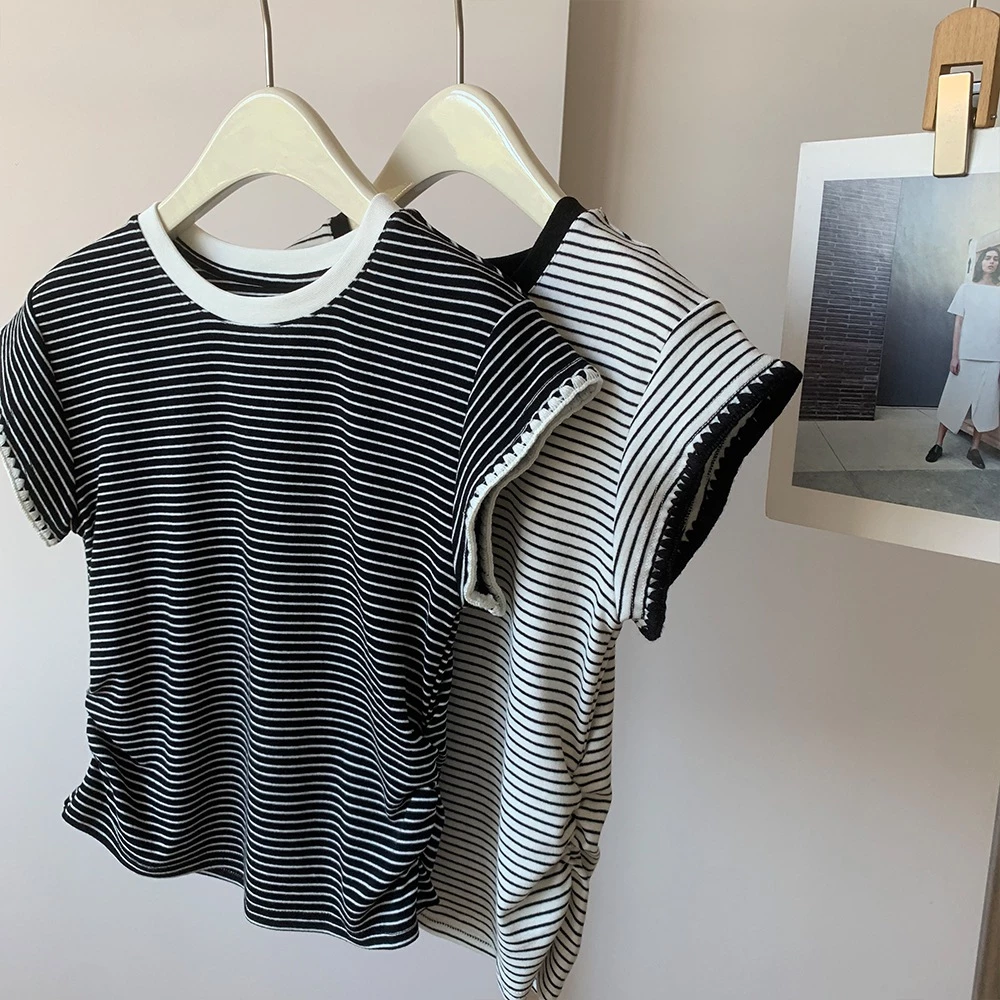 พร้อมส่งในไทย** เสื้อยืดคอปก ลายทาง เสื้อแขนกุด ขนาดเดียว Y329