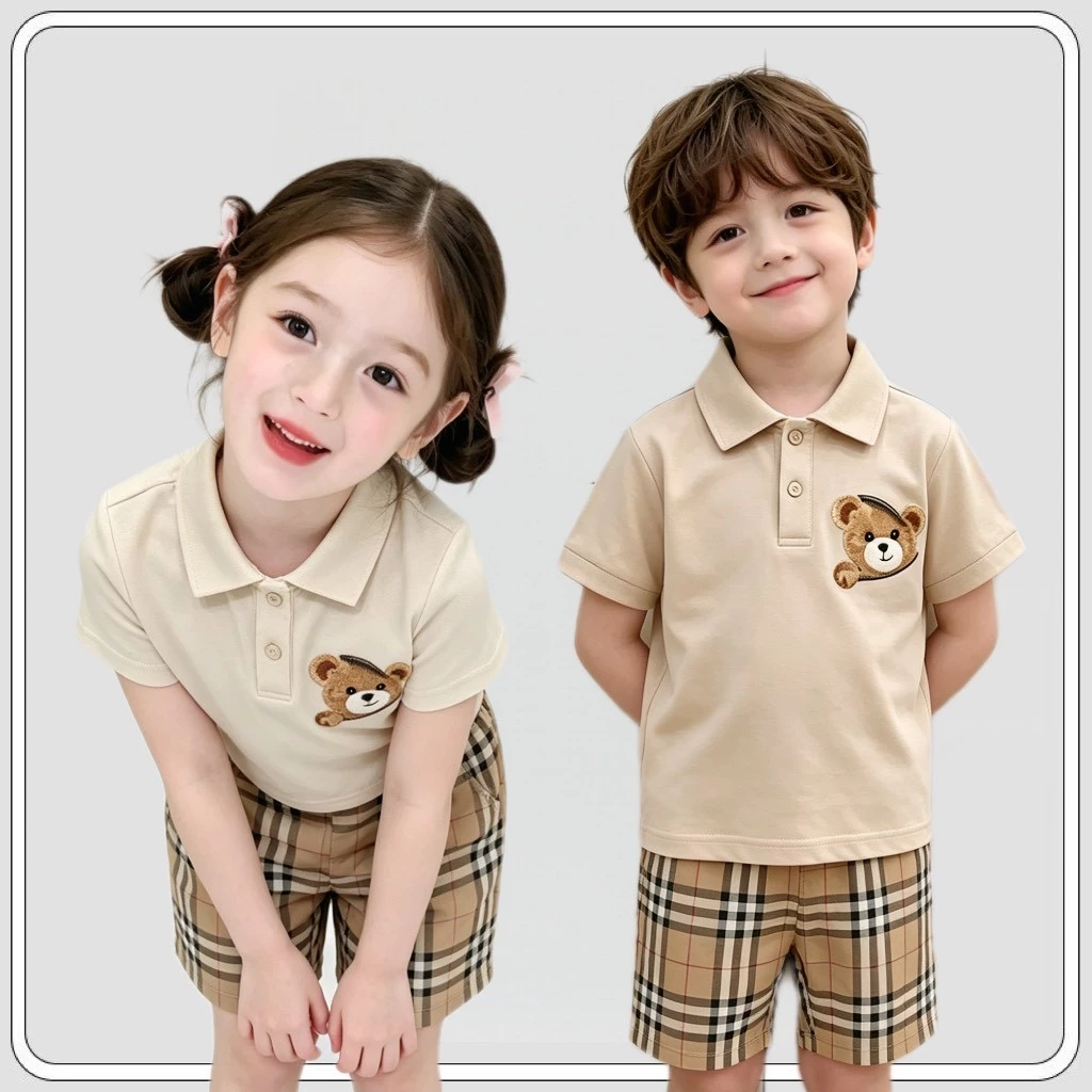 MC259 ชุดเด็กน่ารัก สไตล์เกาหลี เสื้อหมี + กางเกงลายสก็อต พร้อมส่ง