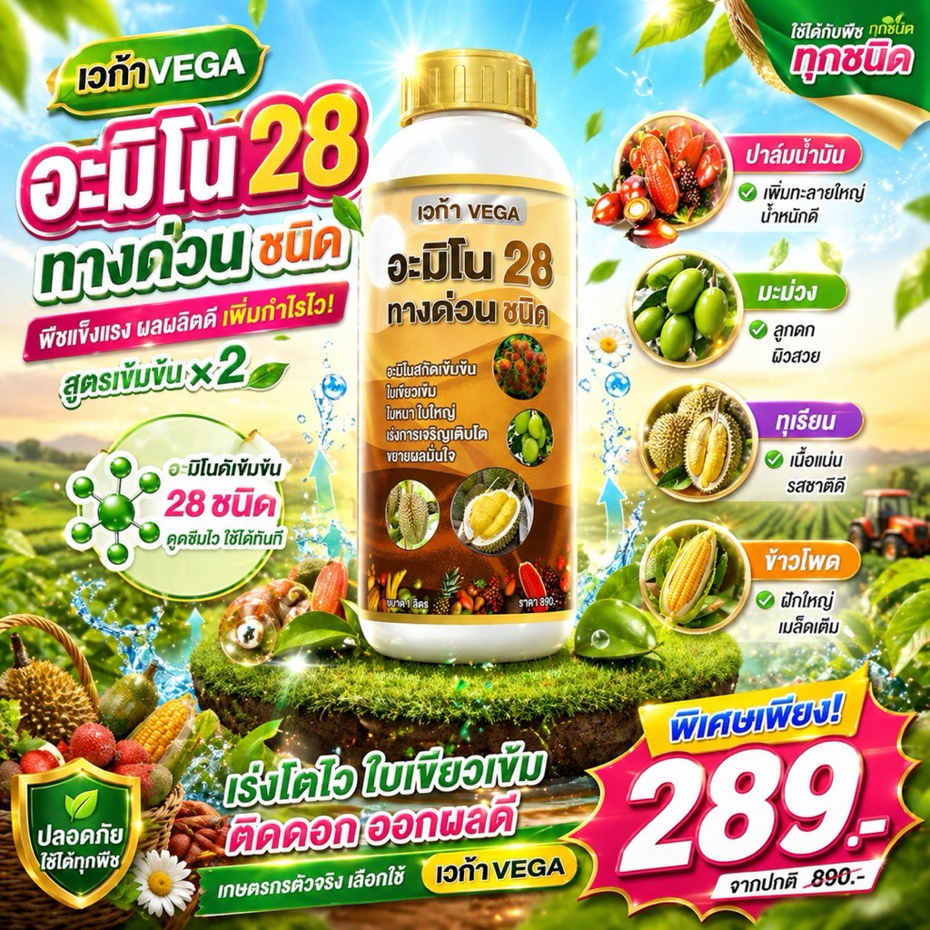 เวก้าอะมิโนทางด่วน28ชนิด เน้นทุเรียนผลใหญ่ พูแน่น บำรุงทุเรียน ปุ๋ยน้ำ 1ลิตร
