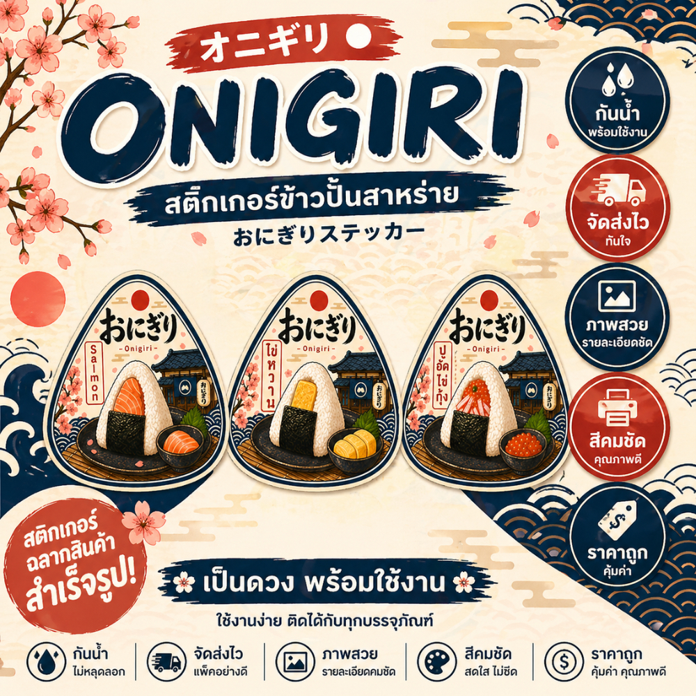 สติกเกอร์ข้าวปั้น onigiri ข้าวปั้นสาหร่าย ฉลากสินค้า โลโก้ สำเร็จรูป กันน้ำ