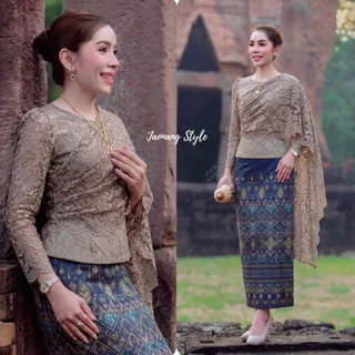 เสื้อลูกไม้สไบ เสื้อลูกไม้ คอกลม แขนยาว แต่งสไบข้าง แมทช์กับผ้าถุง หรือกางเกง ดูแพงสุดๆ