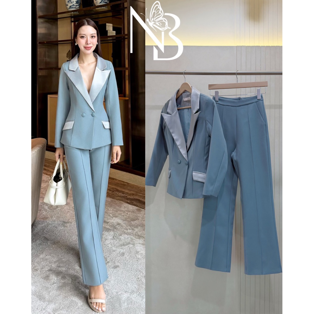 B-0001 Set สูท2ชิ้น เสื้อสูทแขนยาว+กางเกงขายาว ชุดสูทสีดำ สูทไปงานสีเขียว Nabi