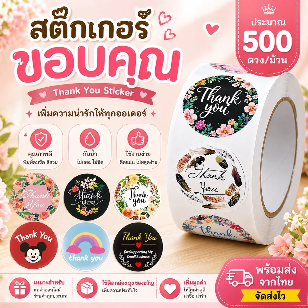 สติกเกอร์ thank you 1ม้วน ( 500ดวง ) ขนาด2.5cm