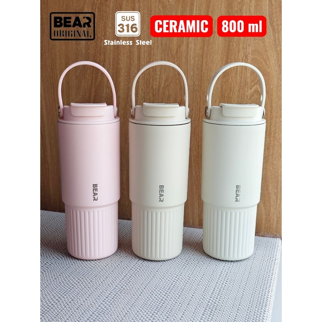 แก้ว BEAR Ceramic 800 ml สลักชื่อฟรี SUS316 เก็บอุณหภูมิร้อนและเย็น มีหูหิ้วและหลอดในตัว