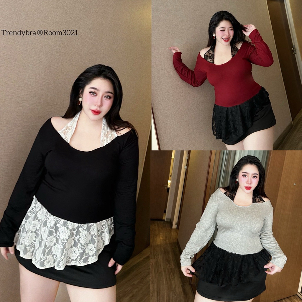 (TD) เสื้อแขนยาว แต่งผูกคอลูกไม้ แต่งชายลูกไม้เฉียง สวย แซ่บ แอบเซ็กซี่ เสื้อผ้าสาวอวบอ้วน พลัสไซส์ ไซส์ใหญ่