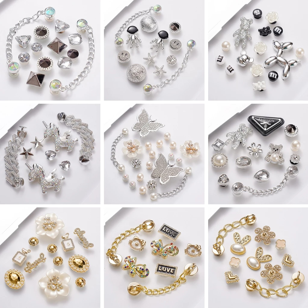 ใหม่ สีดําและสีขาว โลหะ มุก / ผีเสื้อ / ดอกไม้ / ทอง เงิน ชุด Cros Jibit Charm Diy รองเท้าผู้หญิง อุปกรณ์เสริม