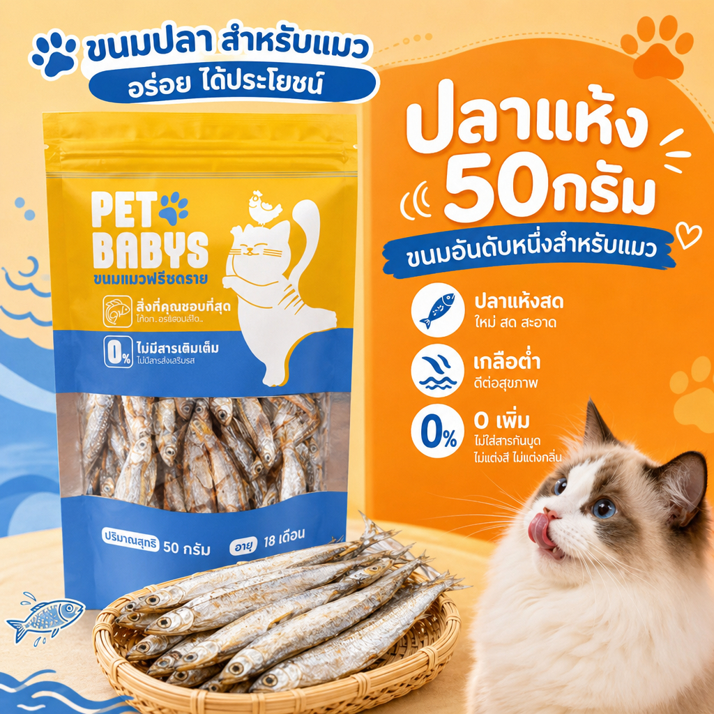 [พร้อมส่ง] ขนมแมว ปลาแห้ง โปรตีนสูง ไม่เค็ม ปลอดภัยต่อไต เกรดคนกินได้ สดใหม่ ไม่ใส่สารกันเสีย 50/100/150g