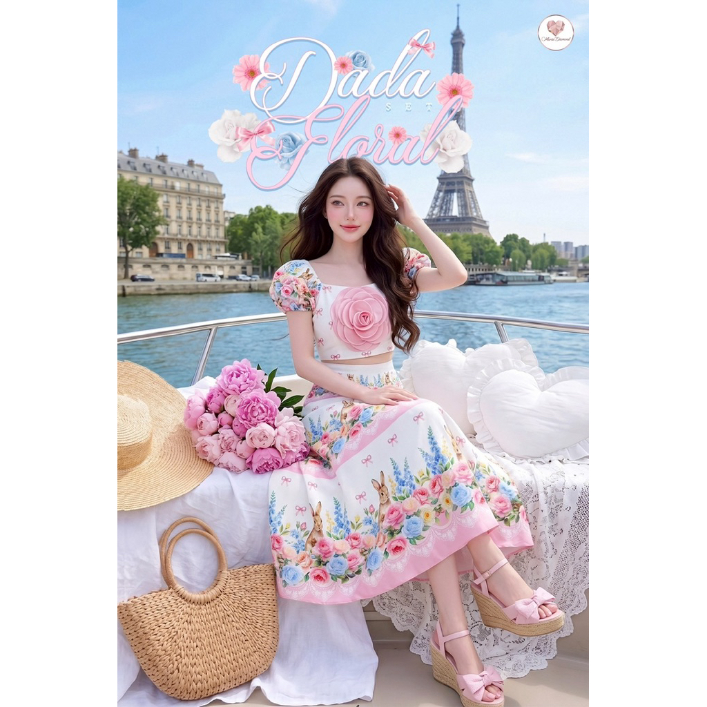 (มี3XL) Maria Diamond สีขาวชมพู Dada Floral set เซ็ต 3 ชิ้น ผ้าเปเป้พิมพ์ลาย เสื้อแขนตุ๊กตาไหล่สม็อค + เข็มกลัดดอกไม้