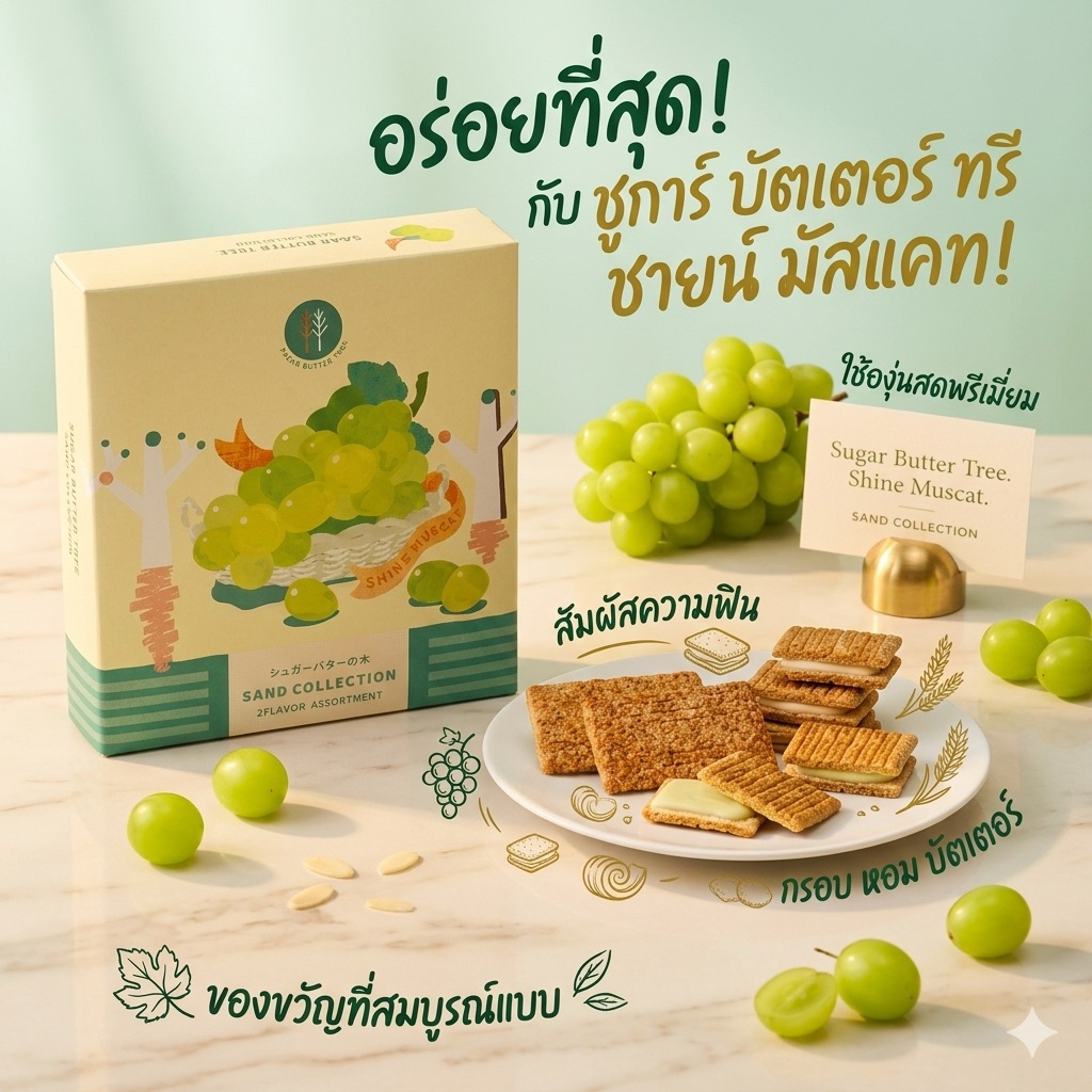 Sugar Butter Tree รส Shine Muscat มีความหอมหวานละมุน และมีรสเปรี้ยวตัดปลายลิ้นเล็กน้อยเพื่อให้ความรู้สึกสดชื่น