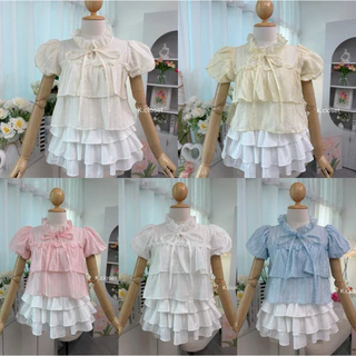 (อก28-34) เสื้อคอผูกโบว์แขนบอลลูนผ้าโรซี่ เสื้อแขนบอลลูน ใส่แล้วดูน่ารักลูกคุณหนูมาก