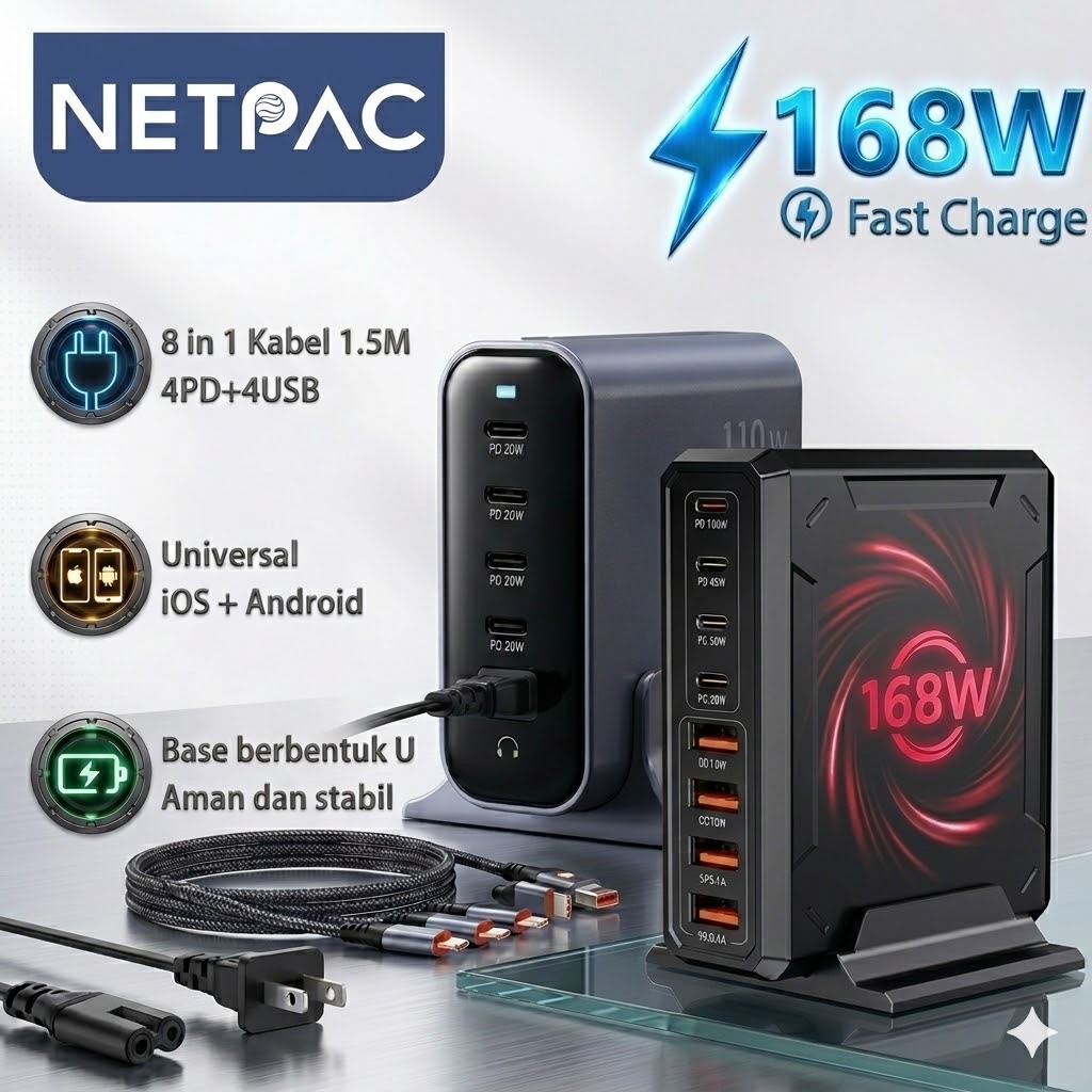 NETPAC Charge Station 168W GaN 8 Port USB + Type-C Fast Charging QC3.0 US Plug