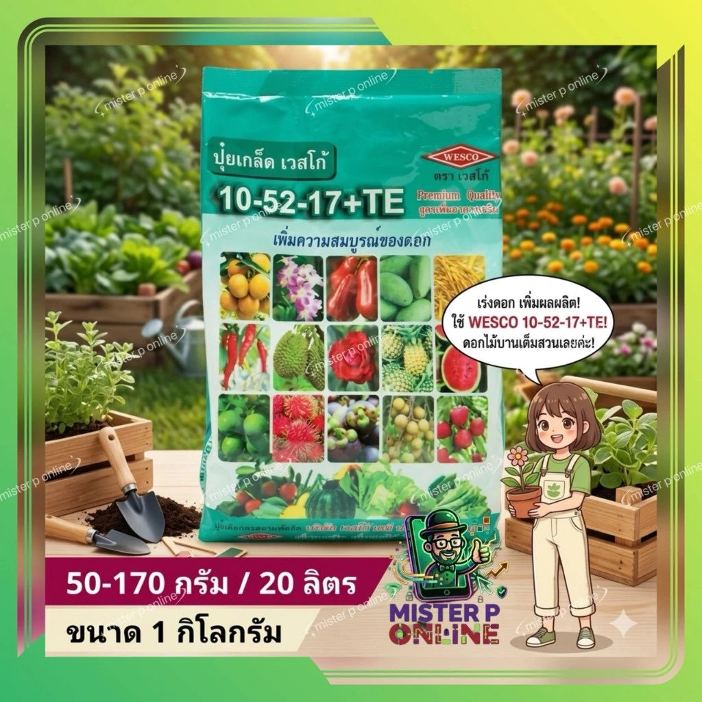 ปุ๋ยเกล็ด เวสโก้ สูตร 10-52-17+T - ขนาด 1 กิโลกรัม (ธาตุรอง&เสริม) สูตรเพิ่มความสมบูรณ์ของดอก