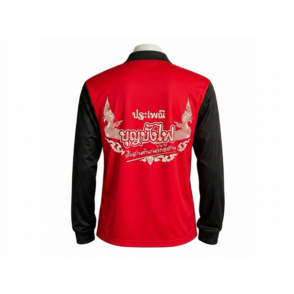 เสื้อลายบุญบั้งไฟ  เสื้อปุ๋ย Welcome to Thailand - ลายเส้นร่วมสมัย สไตล์อีสานโมเดิร์น (สีแดง-ดำ)