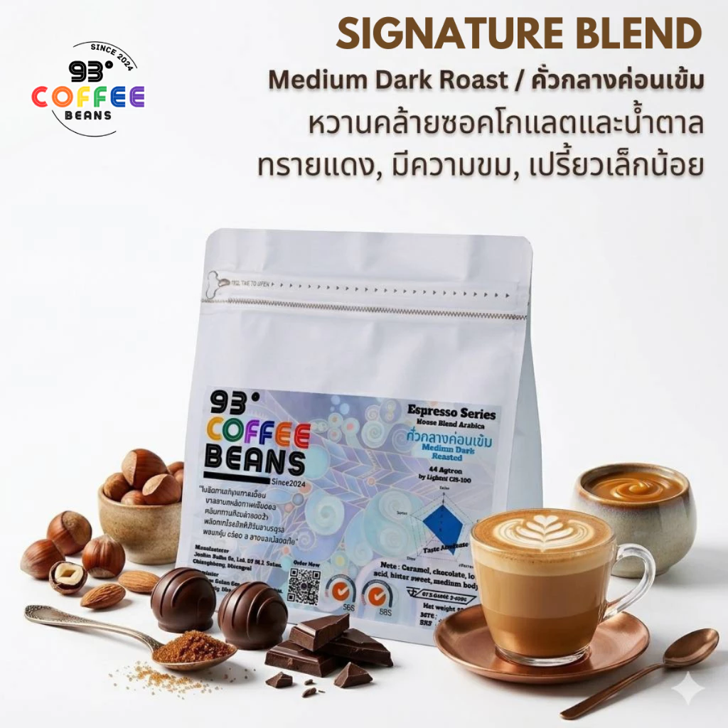 เมล็ดกาแฟคั่วกลางค่อนเข้ม Medium Dark Roast 250g/500g | Signature Blend Coffee Beans | 93 Degrees
