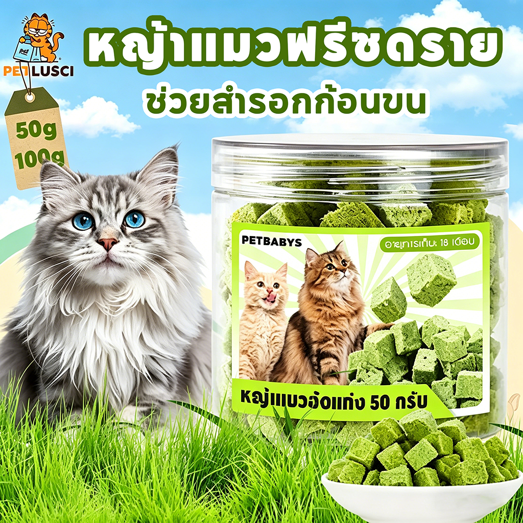 PETLUSCI หญ้าแมวฟรีซดราย ขนมแมว 150 กรัม อกไก่ผสมต้นอ่อนข้าวสาลีฟรีซดราย ช่วยสำรอกก้อนขน หอม ทานง่าย