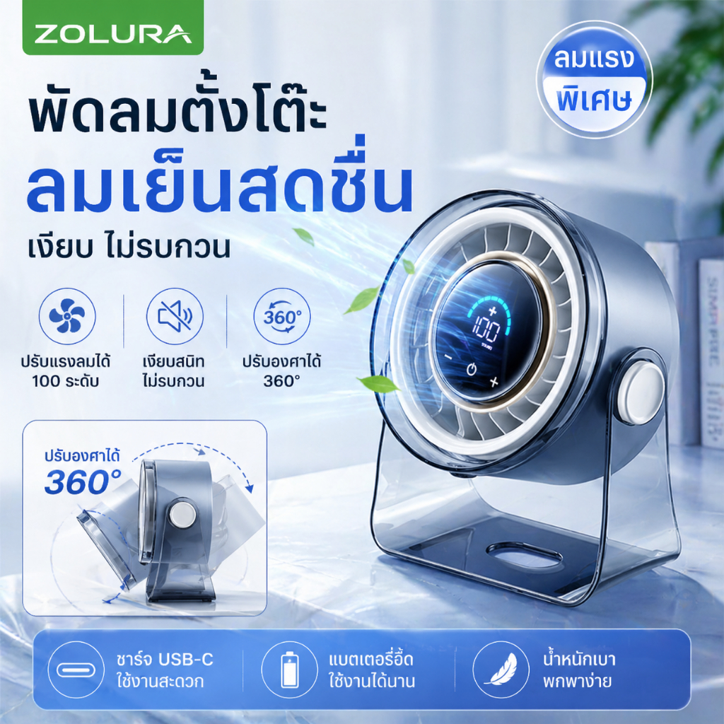 ZOLURA ZH57 พัดลมหมุนเวียนอากาศ พัดลมตั้งโต๊ะความเร็วสูง ทำงานเงียบ ปรับรมแรง100 ระดับด้วยหน้าจอสัมผัส