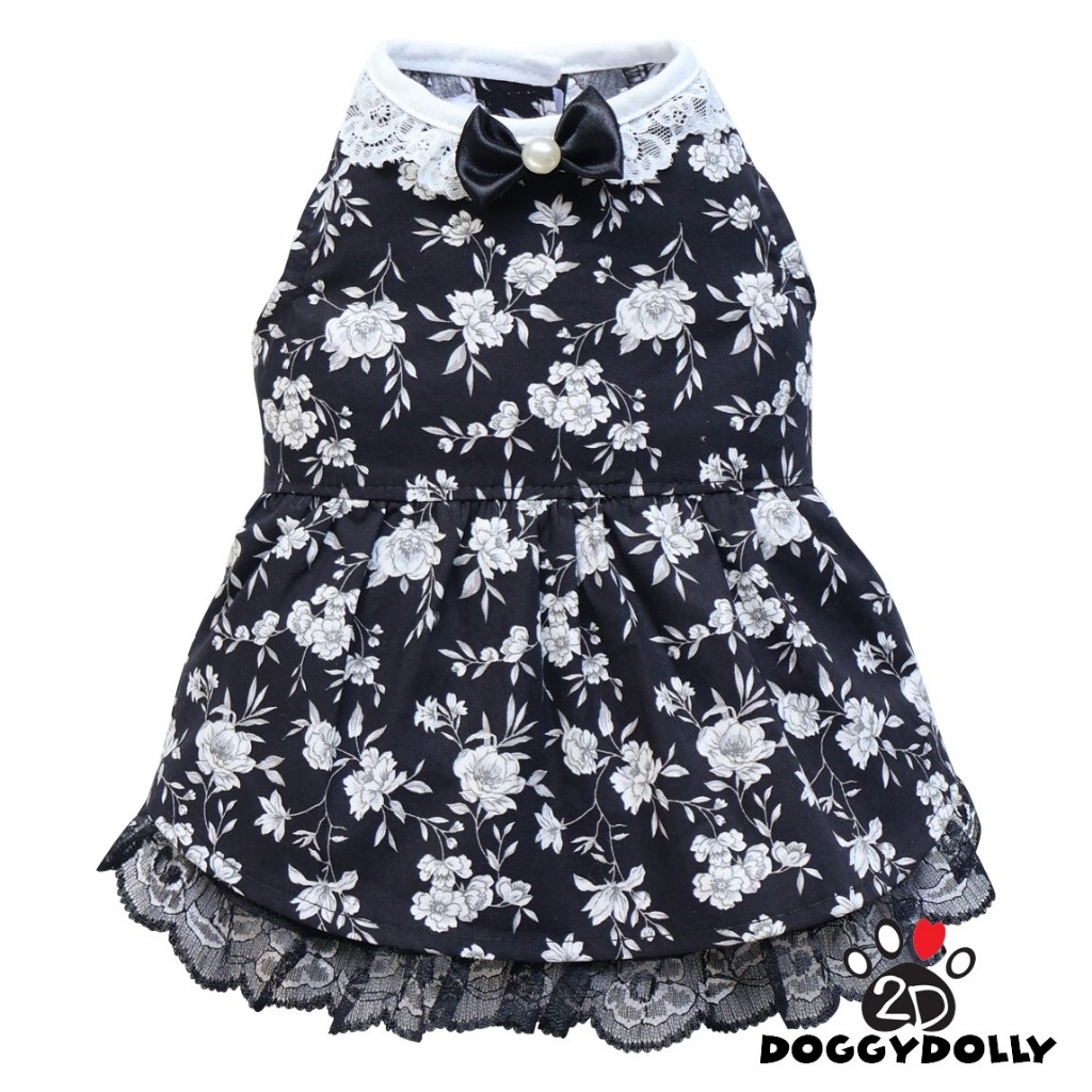 Pet clothes -Doggydolly  เสื้อผ้าแฟชั่น น้องหมาน้องแมว  สัตว์เลี้ยง ชุดกระโปรง สีดำ ลายดอก D983 ขนาด1-9โล